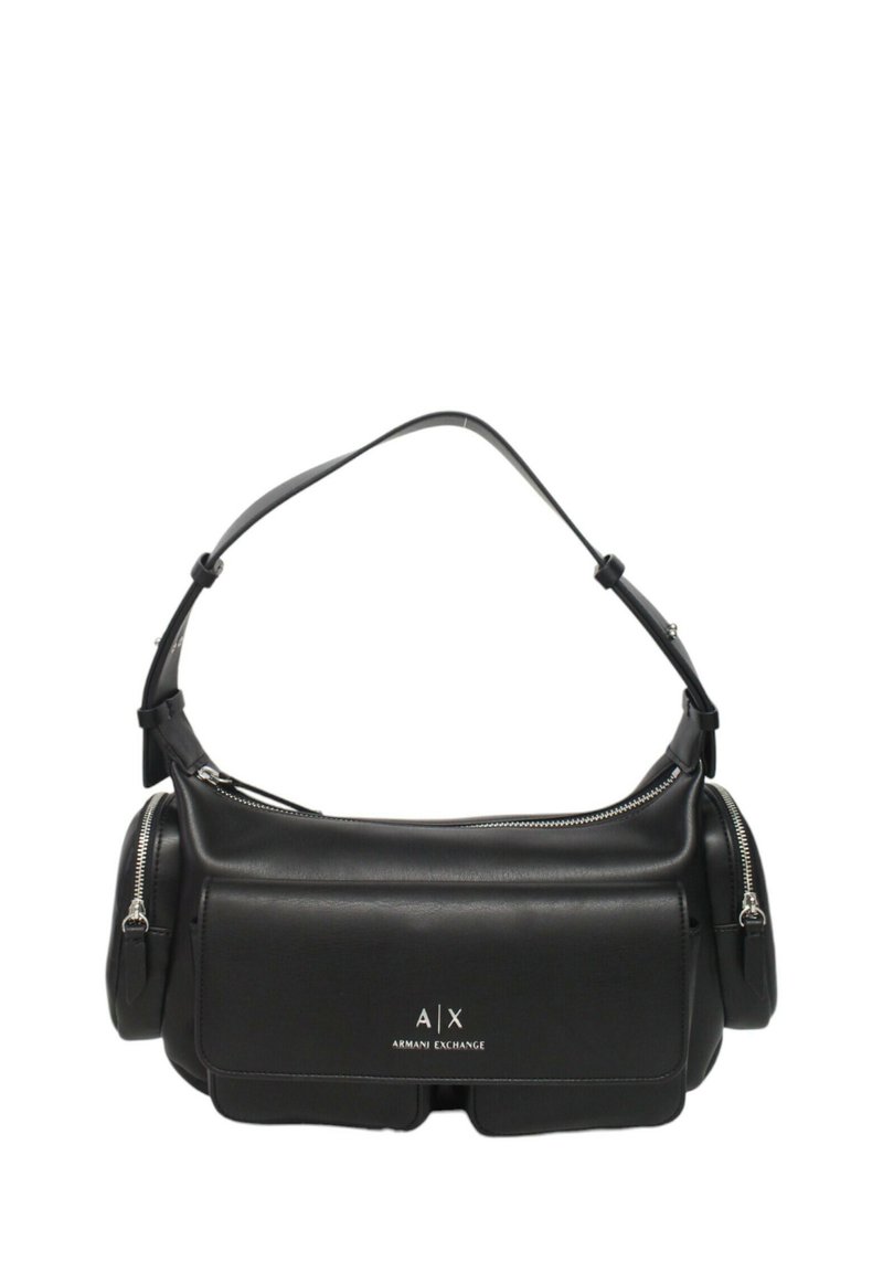 Sac à bandoulière en cuir noir avec des compartiments zippés, au design plat, et logo de la marque à l'avant. Bandoulière réglable pour plus de polyvalence.
