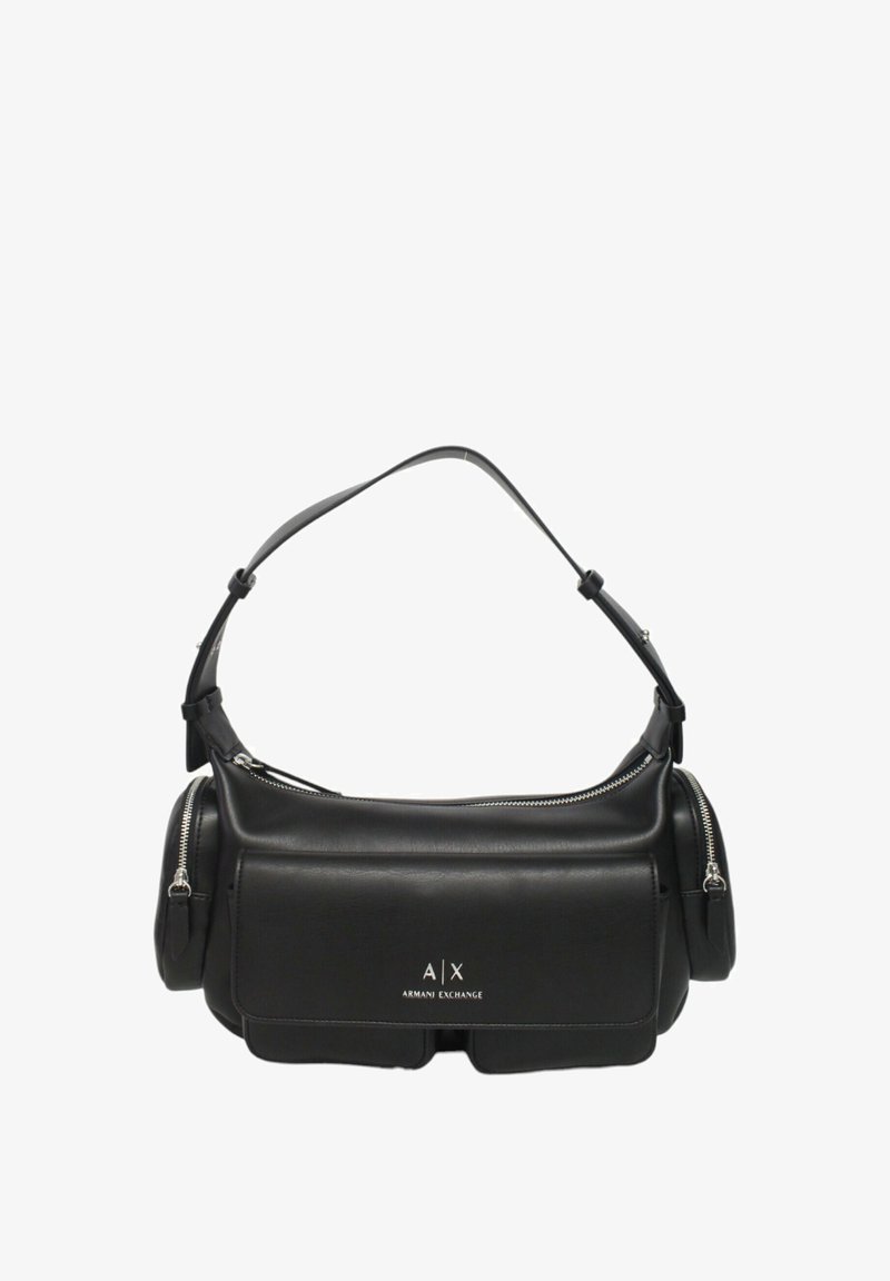 Sac à bandoulière en cuir noir avec des compartiments zippés, au design plat, et logo de la marque à l'avant. Bandoulière réglable pour plus de polyvalence.