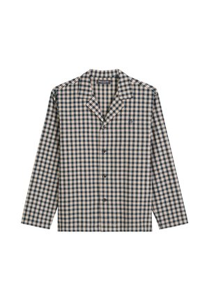 Checkered shirt in navy and beige, made of fabric with a soft texture. Features a notch lapel, long sleeves, and button closure.