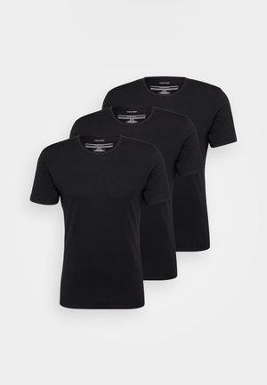 Three black cotton T-shirts with short sleeves and round necklines, displayed in a stacked arrangement. Smooth texture without patterns.