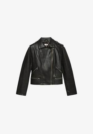 Giacca biker in ecopelle nera con zip frontale asimmetrica, tasche con zip, spalline e dettagli trapuntati all'orlo.