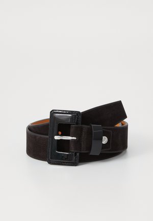 Black suede belt features a glossy black rectangular buckle with silver metal prong, smooth texture, and orange lining visible inside.