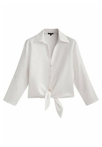 Witte linnen blouse met lange mouwen, knoopsluiting aan de voorkant en een geknoopte strik in de taille. Kenmerken zijn een klassieke kraag en een gestructureerde stof.