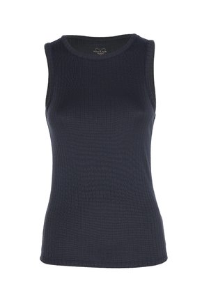 Canottiera blu navy a costine con scollatura rotonda e design senza maniche. Realizzata in materiale morbido, presenta una silhouette aderente e una consistenza liscia.