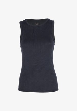 Canottiera blu navy a costine con scollatura rotonda e design senza maniche. Realizzata in materiale morbido, presenta una silhouette aderente e una consistenza liscia.