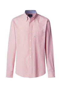 Rot und weiß gestreiftes Langarmhemd mit Button-Down-Kragen, Brusttasche und glattem Baumwollmaterial. Verfügt über Knopfverschlüsse und Manschetten.