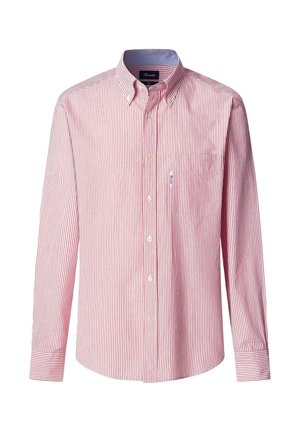 Rood en wit gestreepte langemouwen shirt met een button-down kraag, voorzak en gladde katoen stof. Heeft knoopsluitingen en manchetten.