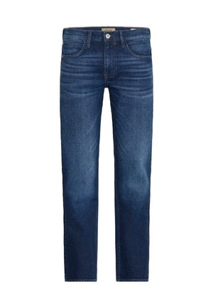 Jean slim homme bleu foncé avec design classique à cinq poches et coutures visibles, présenté sur un fond blanc.