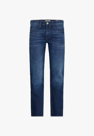 Jean slim homme bleu foncé avec design classique à cinq poches et coutures visibles, présenté sur un fond blanc.