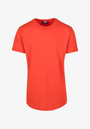 Lühikeste varrukatega särg, erkoranž, pehmest puuvillast, klassikalise ümariku kaelusega ja sirge lõikega, ilma mustriteta.