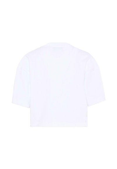 T-shirt court blanc uni à manches courtes et col rond, présenté de dos sur un fond blanc.