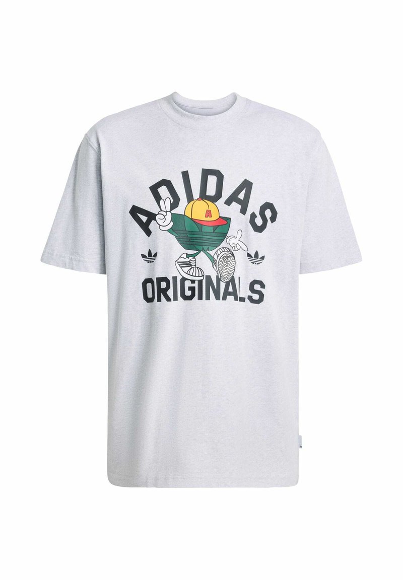 Camiseta de algodón gris con un diseño gráfico de un personaje de dibujos animados que lleva una gorra, con el texto "ADIDAS ORIGINALS" en negrita negra.