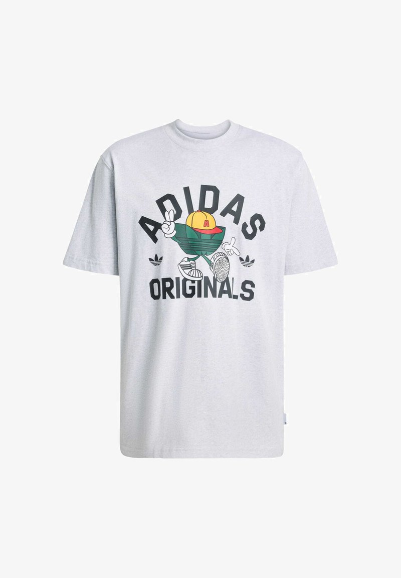 Camiseta de algodón gris con un diseño gráfico de un personaje de dibujos animados que lleva una gorra, con el texto "ADIDAS ORIGINALS" en negrita negra.