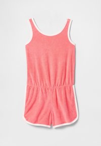 Korallrosa ärmlös overall i frotté med vit kantning, elastisk midja och sidofickor, upplagd plant på vit bakgrund.