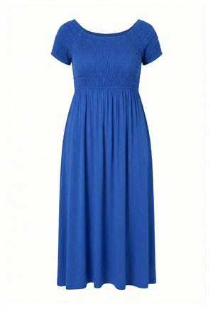 Sininen midi-mekko, jossa lyhyet hihat, röyhelöity yläosa ja kerrostettu helma, sopii rentoon tai puolimuodolliseen käyttöön.