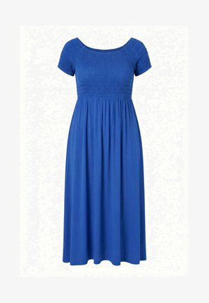 Blue midi dress with short sleeves, a smocked bodice, and a gathered skirt, suitable for casual or semi-formal wear.