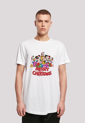 Weißes T-Shirt aus Baumwolle mit einem bunten Grafikdruck von Cartoon-Figuren und dem Text "FROHE WEIHNACHTEN" in fetten roten Buchstaben.