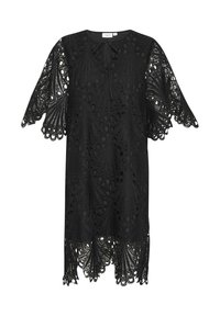Black lace dress featuring a scalloped hem and wide sleeves, with intricate cut-out patterns and a tie closure at the neckline.