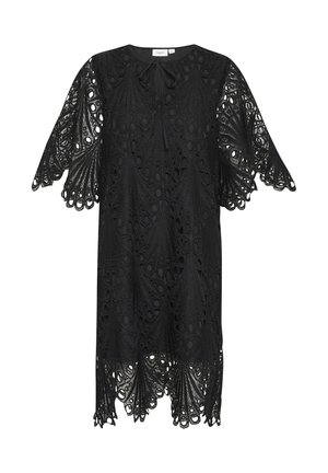 Čierne čipkované šaty s vlnitým lemom a širokými rukávmi, s precízne vystrihnutými vzormi a viazaním pri krku.