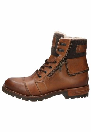 Brown leather ankle boots with a fuzzy gray cuff, side zipper, lace-up front, and textured sole designed for grip and durability.