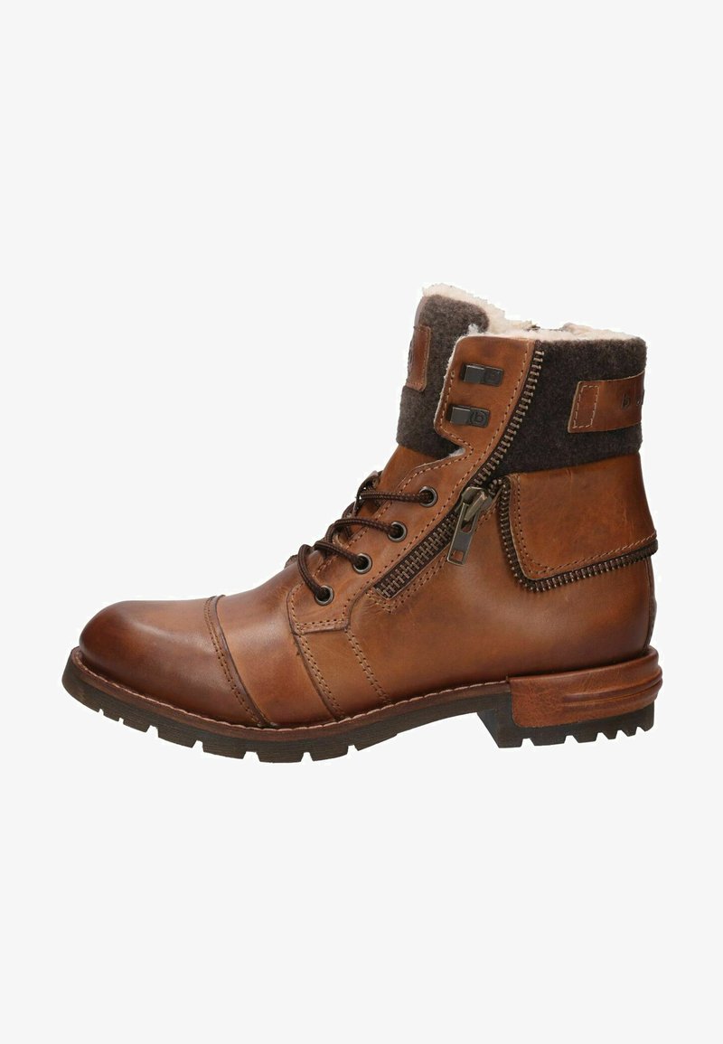 Braune Lederstiefeletten mit einem flauschigen grauen Knöchelbund, seitlichem Reißverschluss, Schnürung vorne und strukturiertem Sohlenmaterial, das für Grip und Langlebigkeit sorgt.