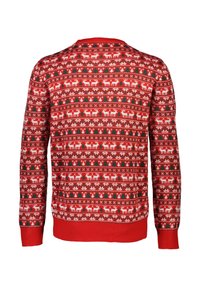 Röd tröja med en festlig design som har vita renar, snöflingor och gröna träd i mönster. Stickat tyg och långa ärmar.