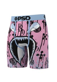 Men's boxer briefs with a pink background, featuring a stylized shark face graphic and black abstract paint splatter designs.