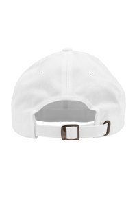 Weißes Baseballcap mit gebogenem Schild, verstellbarem Riemen und Metallverschluss auf der Rückseite. Hergestellt aus einem strukturierten Stoff.