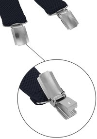 Navy blue woven suspenders featuring silver metal clips for attachment. Clips have a gripped surface and distinct rectangular shape.