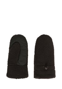 Čierne rukavice s mäkkou textúrovanou fleecovou látkou a hladkým palmovým povrchom, s malým ozdobným detailom na zápästí.