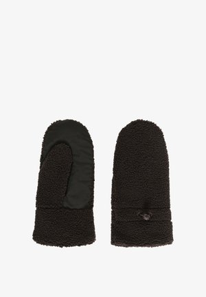 Guanti neri in tessuto di pile morbido e texturizzato, con un palmo in tessuto liscio e un piccolo dettaglio decorativo nella zona del polso.