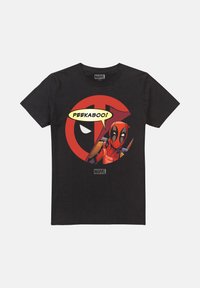 Black cotton t-shirt featuring a bold red circle graphic with Deadpool character and speech bubble saying "PEEKABOO!" Above Marvel logo.