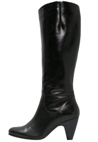 Bottes noires montantes en cuir lisse avec un bout pointu et un talon empilé. Présente une silhouette élégante et des accents de design minimalistes.