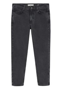 Black slim-fit jeans with front button and zipper, two front pockets, and belt loops, laid flat on a white background.