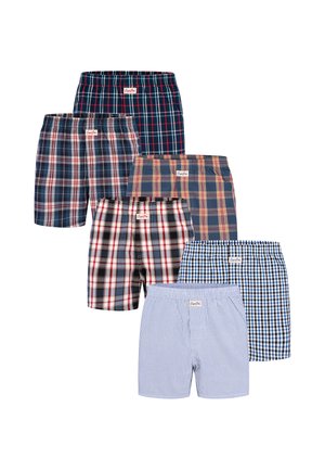 Sei paia di boxer da uomo con vita elastica a quadri e a righe in vari modelli di colore blu, rosso e bianco.