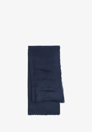 Granatowy szalik wykonany z miękkiego materiału, z teksturowanym wykończeniem i postrzępionymi krawędziami. Prostokątny kształt, lekki i wszechstronny design.