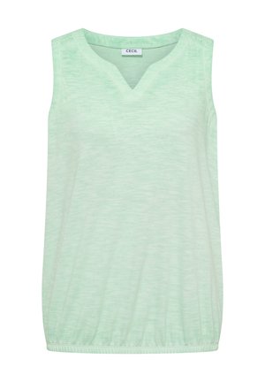 Ærmeløs lysegrøn top med V-skåret halsudskæring, subtil tekstur, blondedetalje på skulderen og elastisk rynket kant.