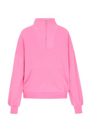 Růžová mikina s vysokým límcem a půlzipem, se spadlými rameny, dlouhými rukávy a přední kapsou ve stylu klokanky. Hladká textura.