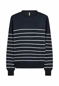 Navy sweatshirt with white horizontal stripes, round neckline, long sleeves, ribbed cuffs, and hem. Soft fabric with a smooth texture.