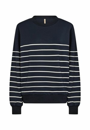 Marineblaues Sweatshirt mit weißen horizontalen Streifen, Rundhalsausschnitt, langen Ärmeln, gerippten Bündchen und Saum. Weicher Stoff mit glatter Textur.
