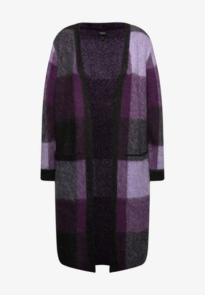 Cárdigan de cuadros morados hecho de una tela suave, con un frente abierto, mangas largas y bolsillos, con ribetes oscuros y diferentes tonos de morado.