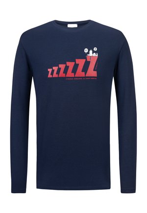 T-shirt à manches longues bleu marine en coton, avec un graphique rouge d'un personnage en train de dormir avec le texte "zzzz". Encolure ronde et coupe décontractée.