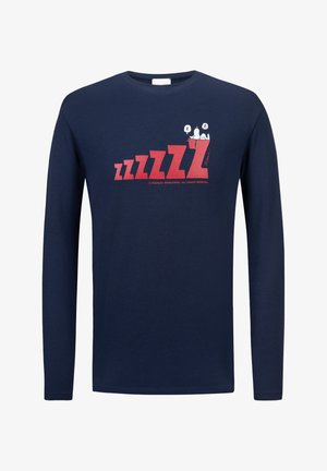 Marineblauw langemouwen t-shirt van katoen, met een rode grafische afbeelding van een personage dat ligt te slapen met de tekst "zzzz". Ronde halslijn en een relaxte pasvorm.