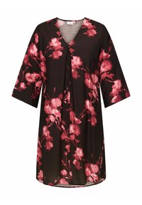 Crna tunika haljina s V-izrezom i kratkim rukavima, ukrašena ružičastim cvjetnim uzorcima na teksturiranom materijalu.