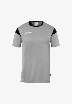Graues Sport-T-Shirt mit schwarzen Schulterakzenten. Hergestellt aus atmungsaktivem Material. Verfügt über einen runden Ausschnitt und das "uhlsport"-Logo auf der Vorderseite.