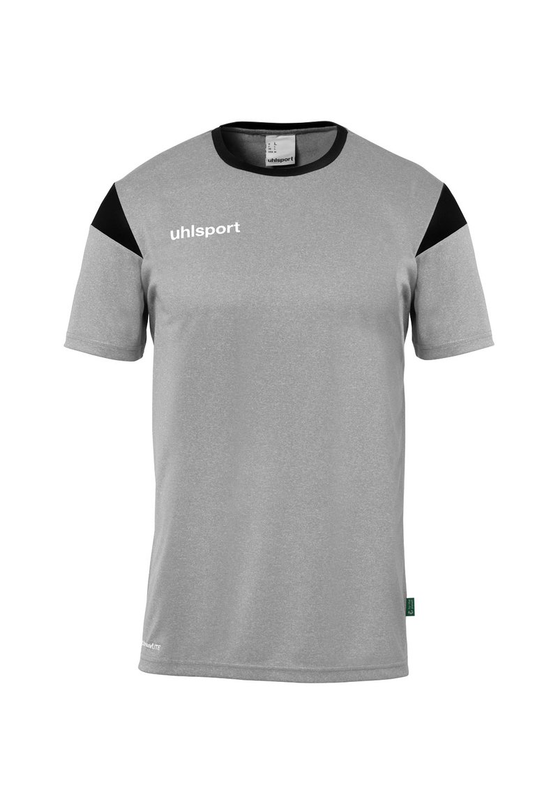 Grå atletisk t-shirt med sorte skulderakcenter. Fremstillet af åndbart stof. Har rund halsudskæring og "uhlsport" logo på forsiden.