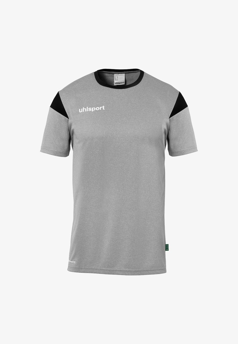 Grå atletisk t-shirt med sorte skulderakcenter. Fremstillet af åndbart stof. Har rund halsudskæring og "uhlsport" logo på forsiden.