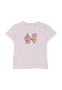 Ljust rosa bomullströja med korta ärmar och rund halsringning, med blommig brodyr i rosa och orange på framsidan.