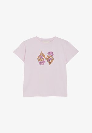Lichtroze katoenen t-shirt met korte mouwen en een ronde halslijn, met bloemen borduurwerk in roze en oranje op de voorkant.