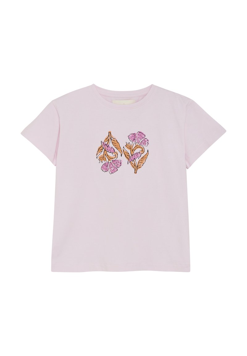 Ljust rosa bomullströja med korta ärmar och rund halsringning, med blommig brodyr i rosa och orange på framsidan.